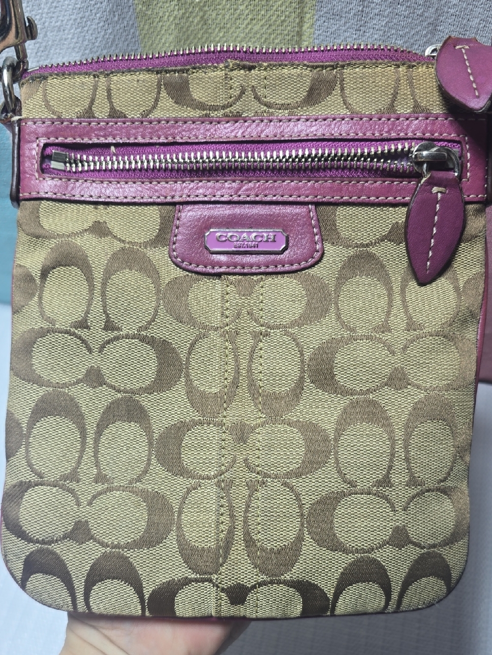 Coach Tan Signature Crossbody with Purple Trim * Staining/Used**